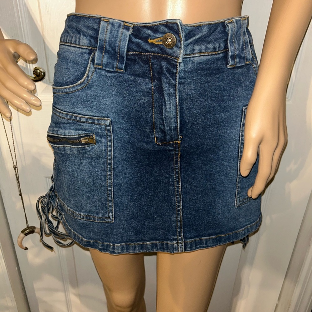 Y2K Mini denim skort with lace up sides and zipper pockets